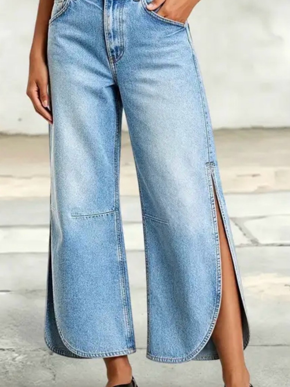 Wide Leg Split Hem Light Blue Women's Jeans Flaminglas brand, stretch